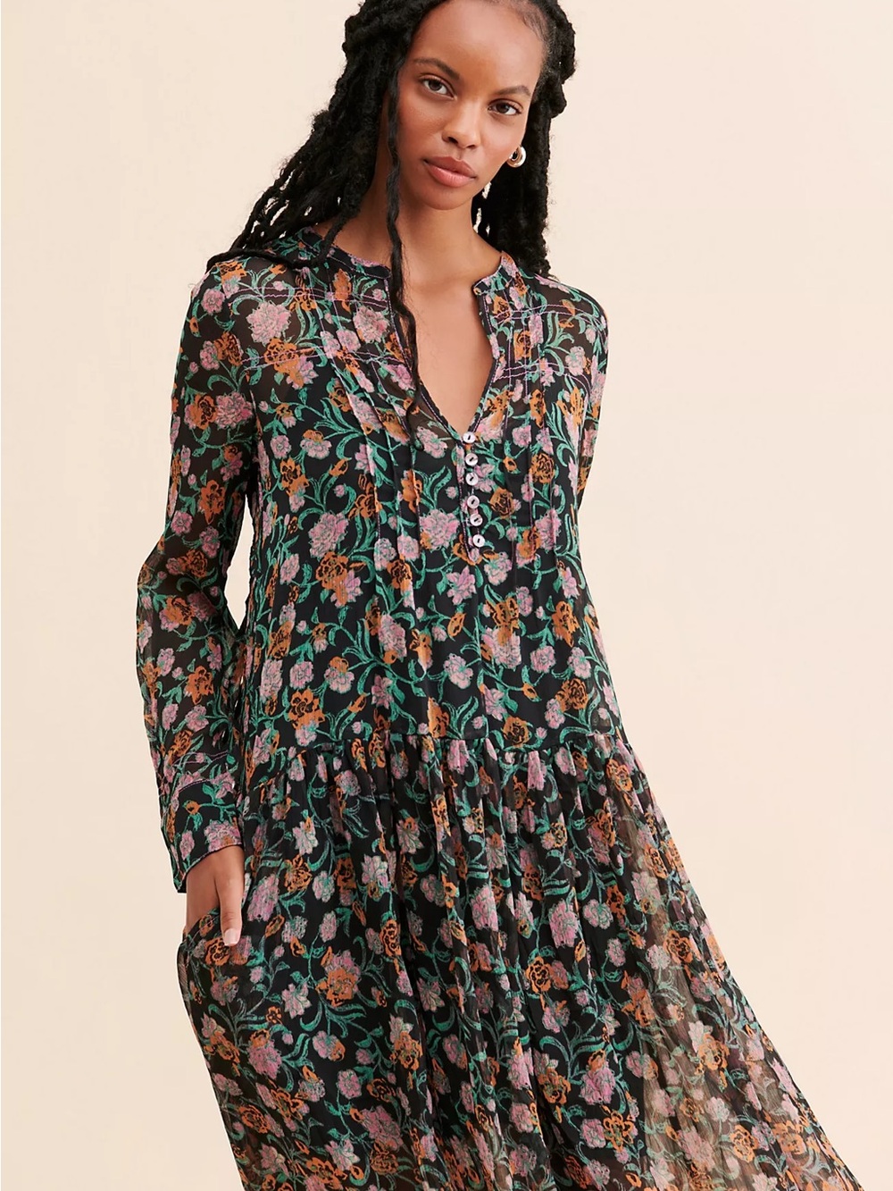 Free People Floral Long Sleeve Maxi Dress - Black with Pink & Orange Floral